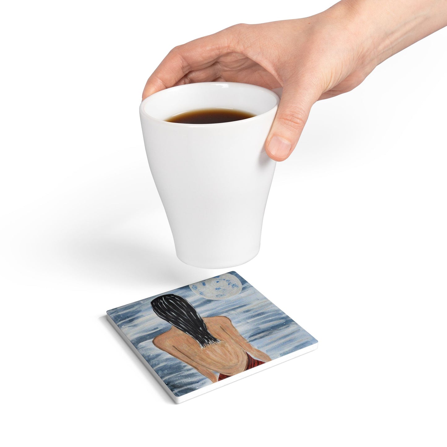 Moonlit Serenity Ceramic Coaster - Artistic Illustration for Relaxing Spaces