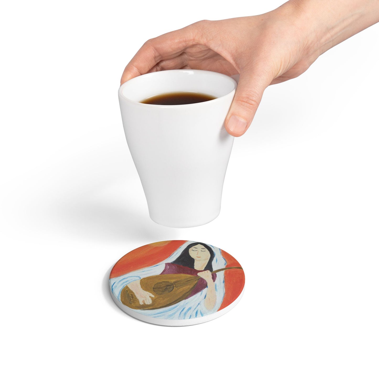 Artistic Ceramic Coaster with Woman Playing Lute - Unique Home Decor