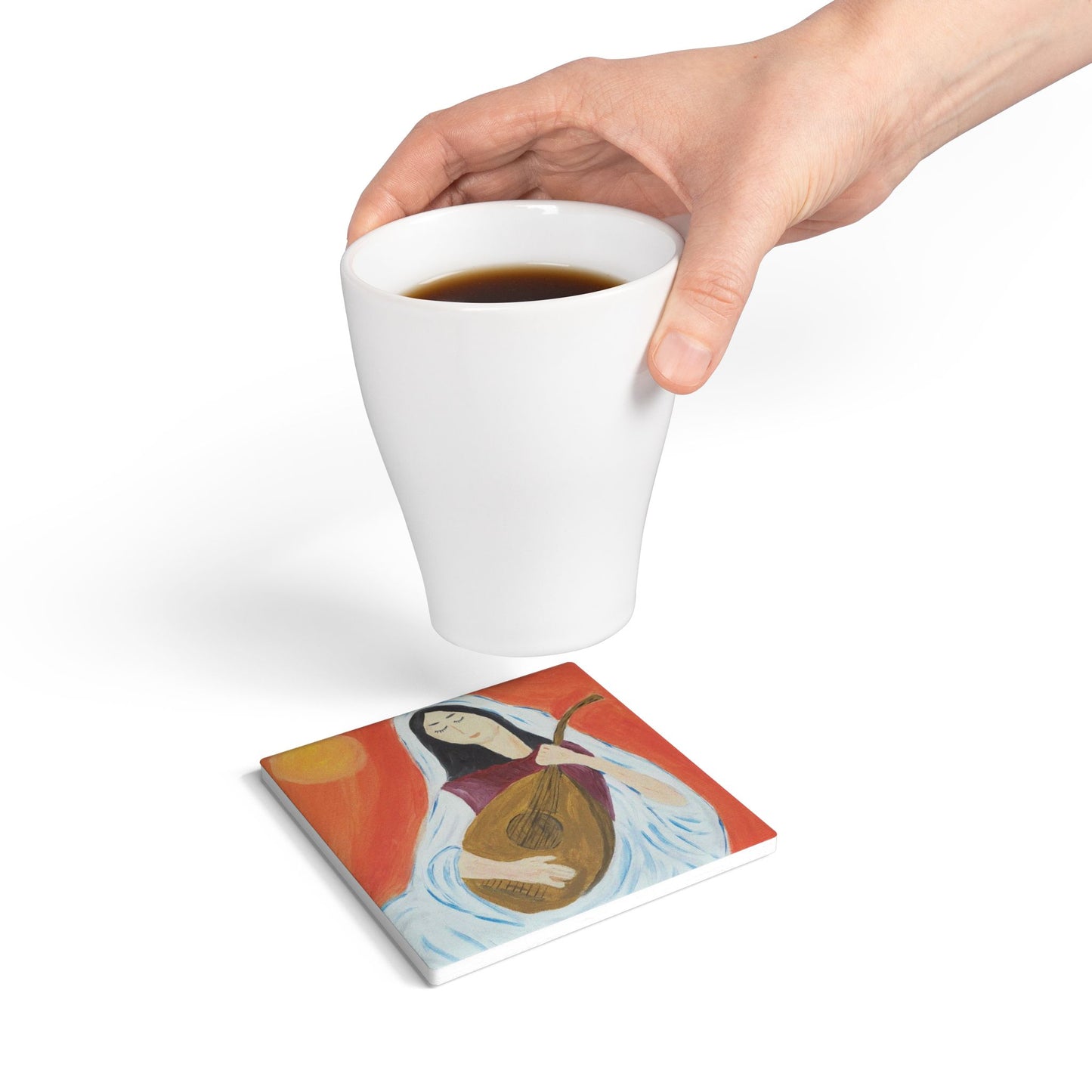 Artistic Ceramic Coaster with Woman Playing Lute - Unique Home Decor