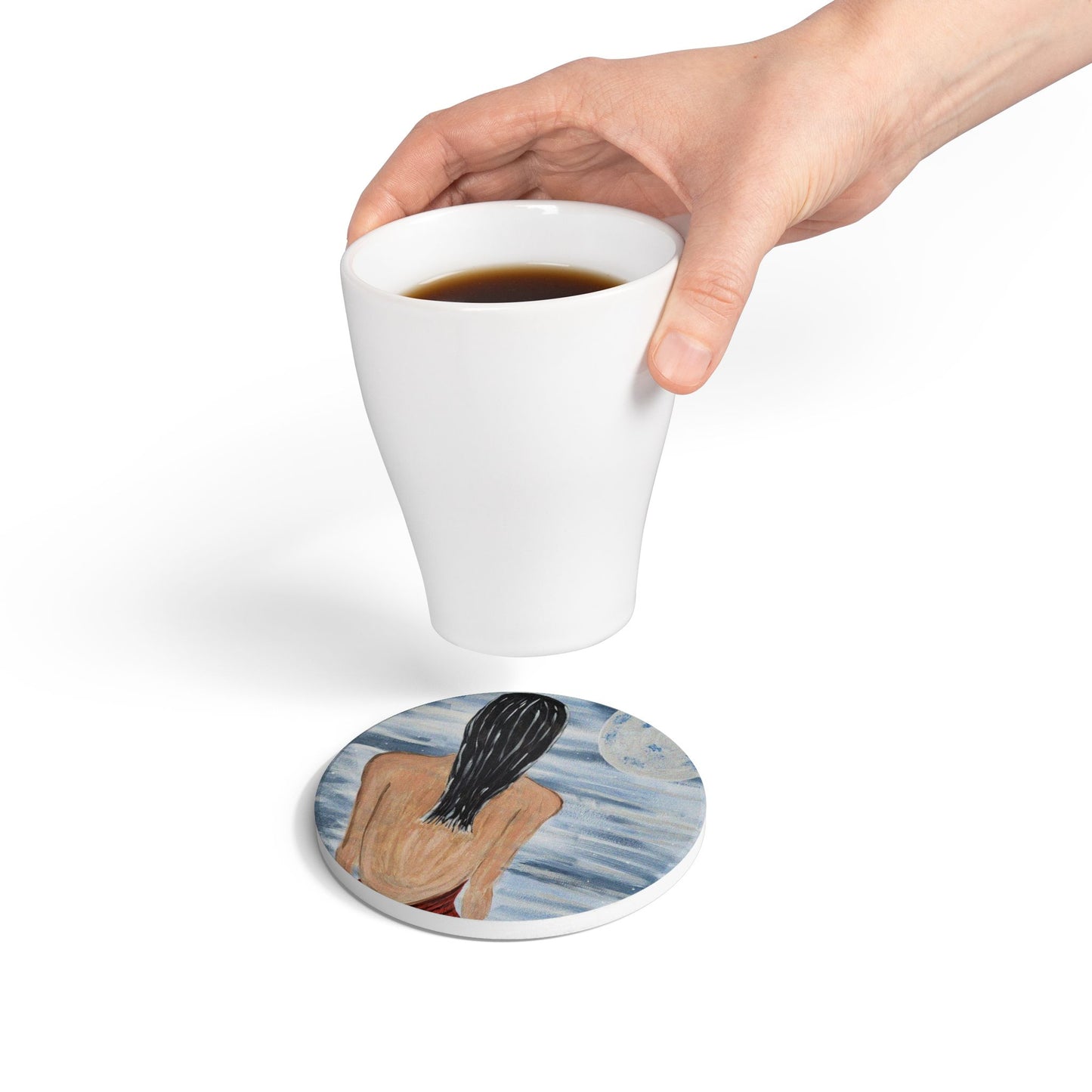 Moonlit Serenity Ceramic Coaster - Artistic Illustration for Relaxing Spaces