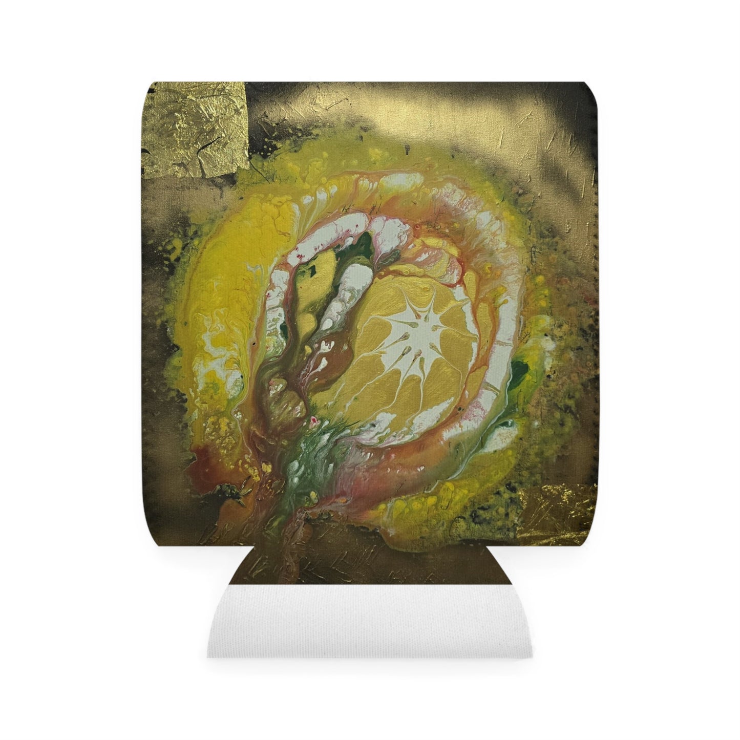 Artistic Can Cooler Sleeve - Vibrant Yellow and Green Design