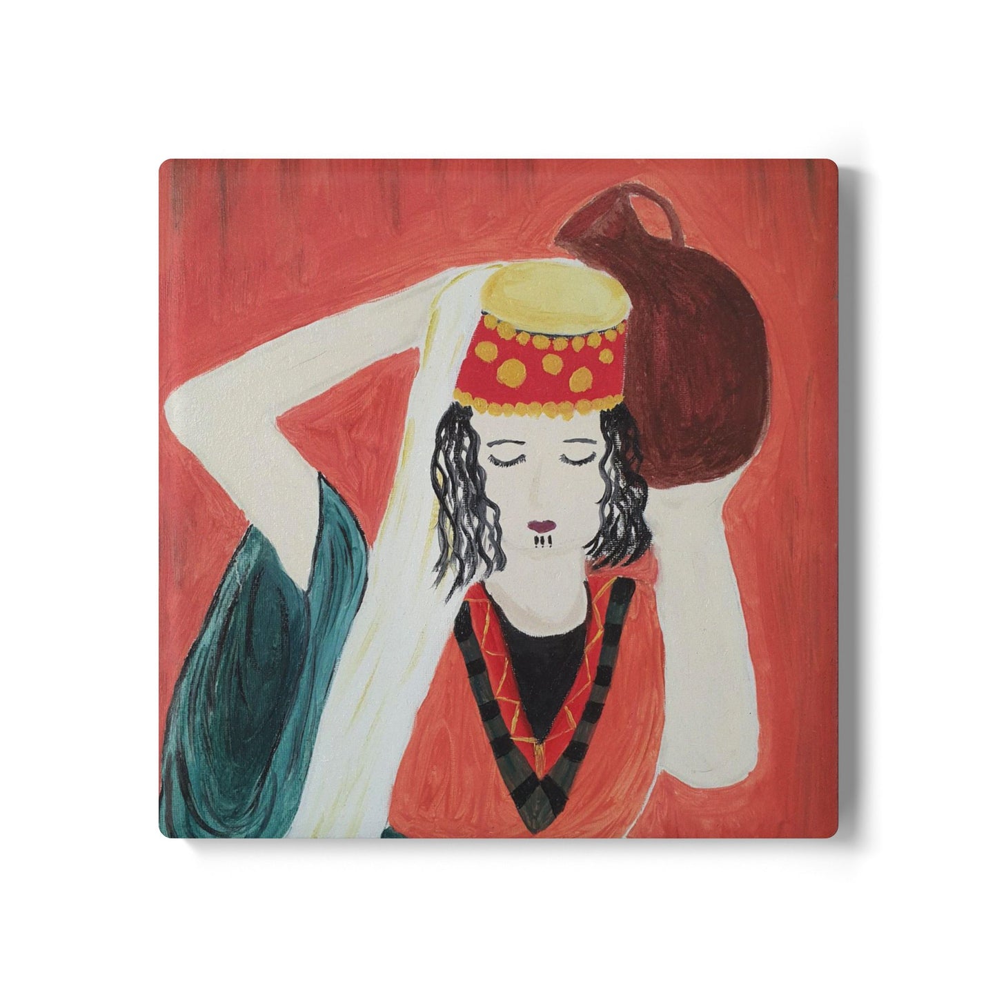 Hand-Painted Ceramic Coaster - Artistic Cultural Design for Home Decor