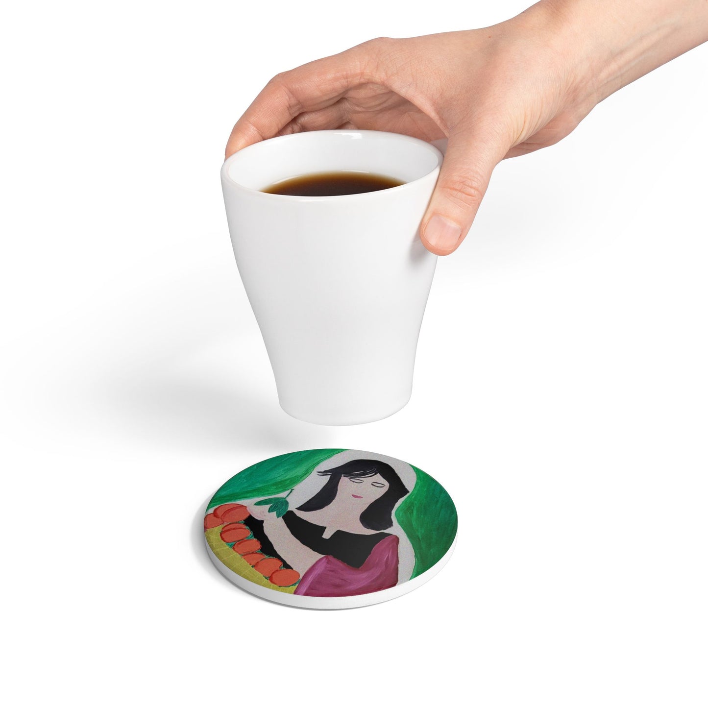 Artistic Ceramic Coaster with Woman and Oranges Design - Perfect for Home Decor and Gifts
