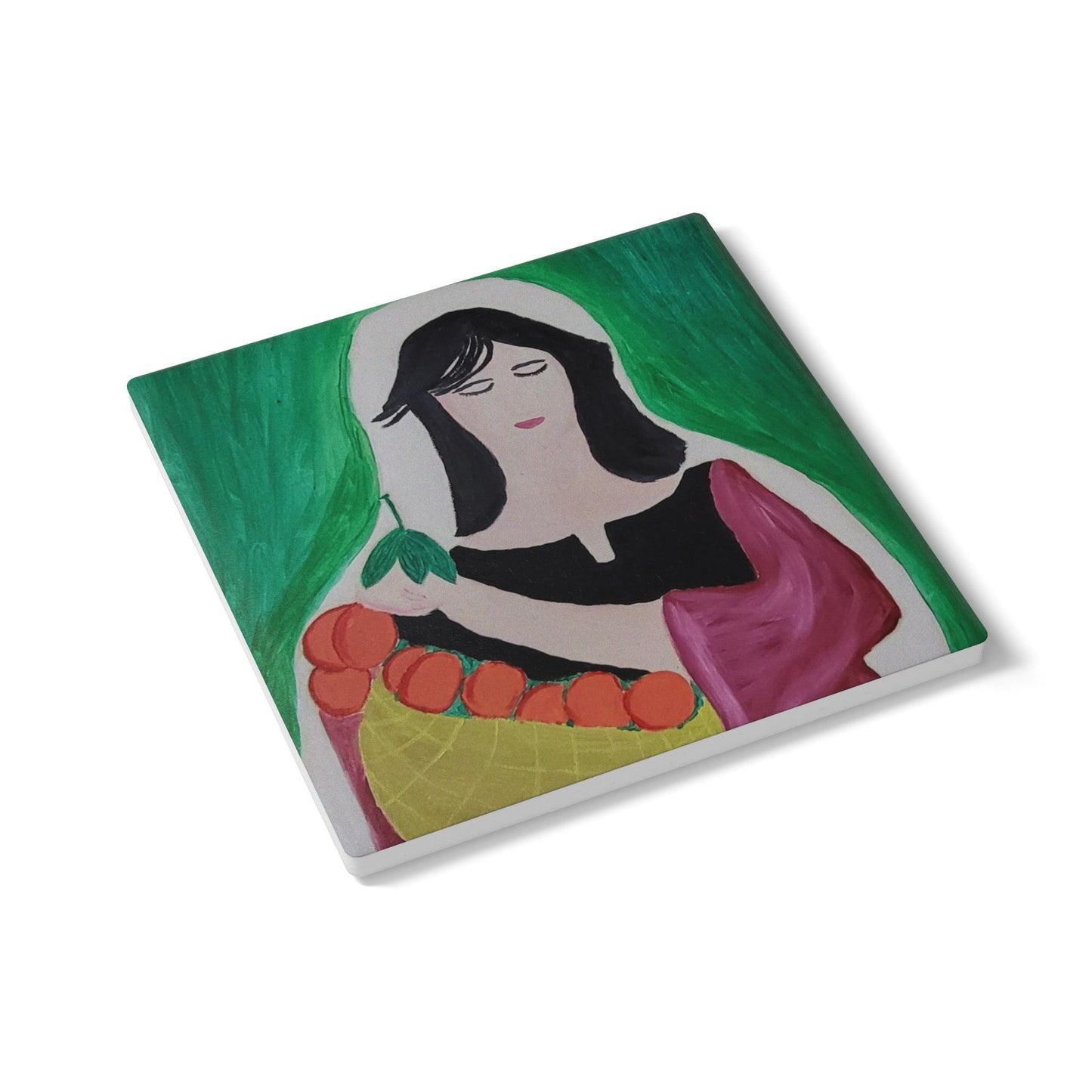 Artistic Ceramic Coaster with Woman and Oranges Design - Perfect for Home Decor and Gifts