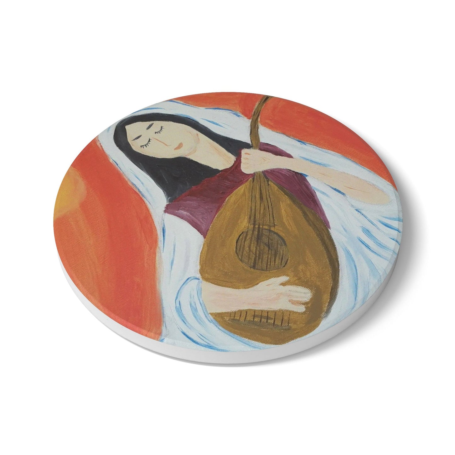 Artistic Ceramic Coaster with Woman Playing Lute - Unique Home Decor