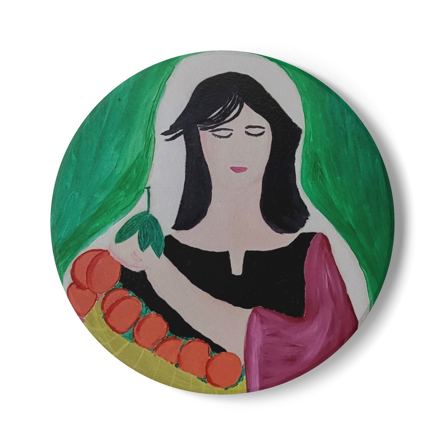 Artistic Ceramic Coaster with Woman and Oranges Design - Perfect for Home Decor and Gifts