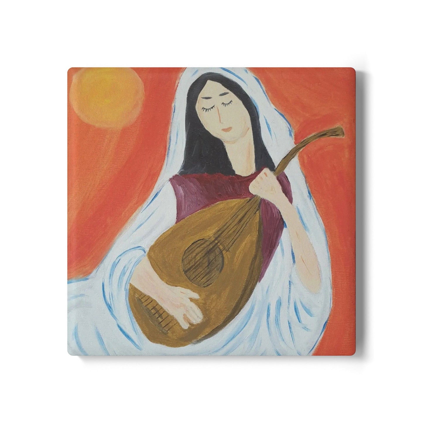 Artistic Ceramic Coaster with Woman Playing Lute - Unique Home Decor