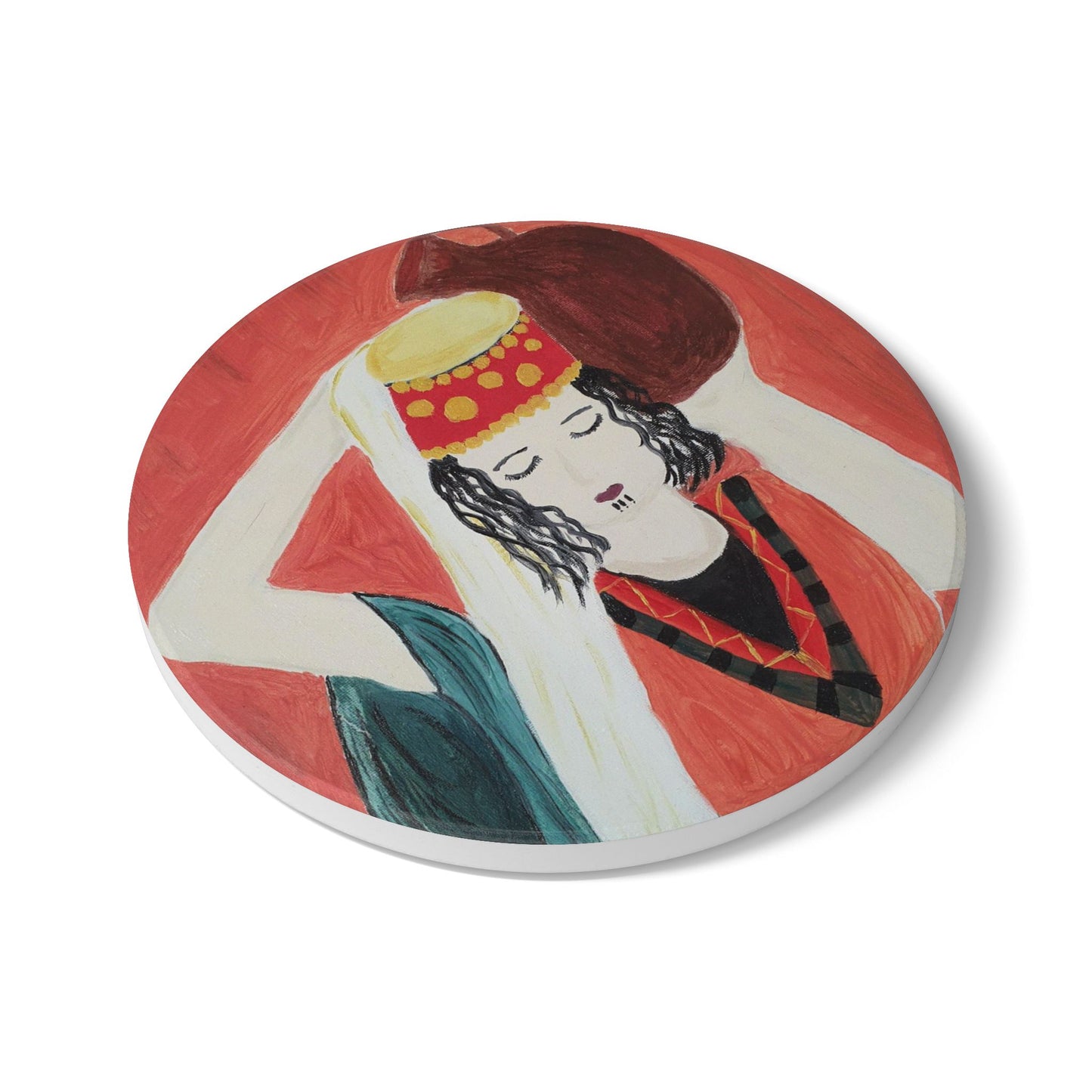 Hand-Painted Ceramic Coaster - Artistic Cultural Design for Home Decor