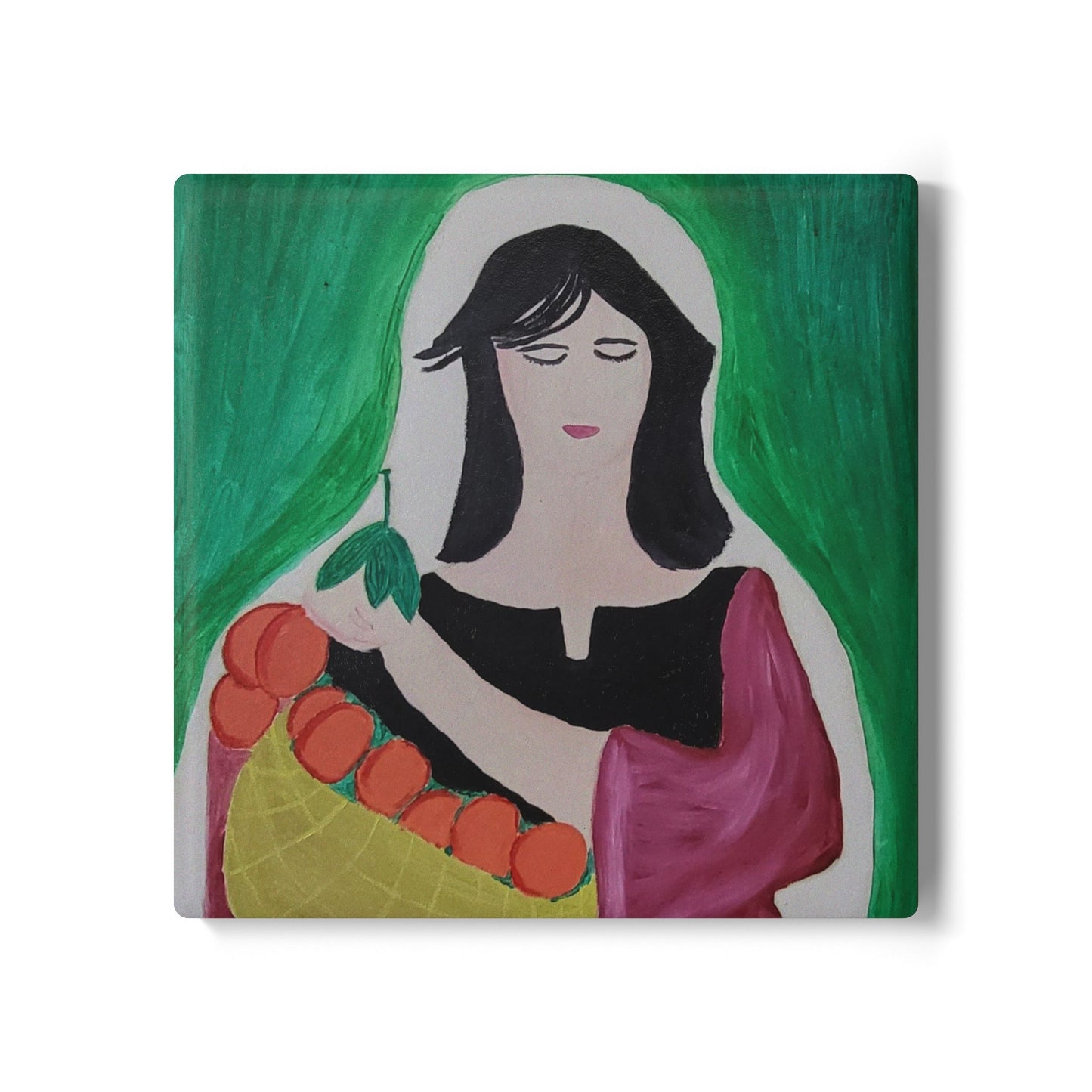 Artistic Ceramic Coaster with Woman and Oranges Design - Perfect for Home Decor and Gifts