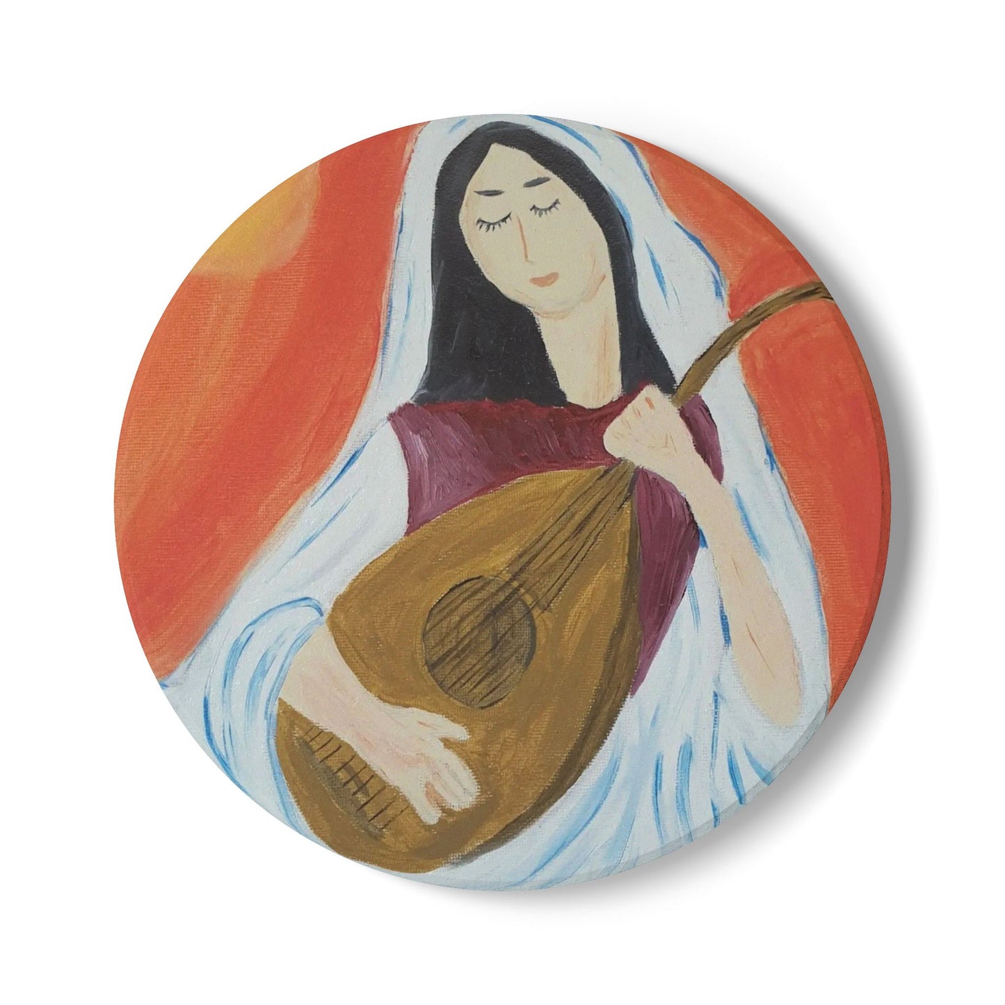 Artistic Ceramic Coaster with Woman Playing Lute - Unique Home Decor