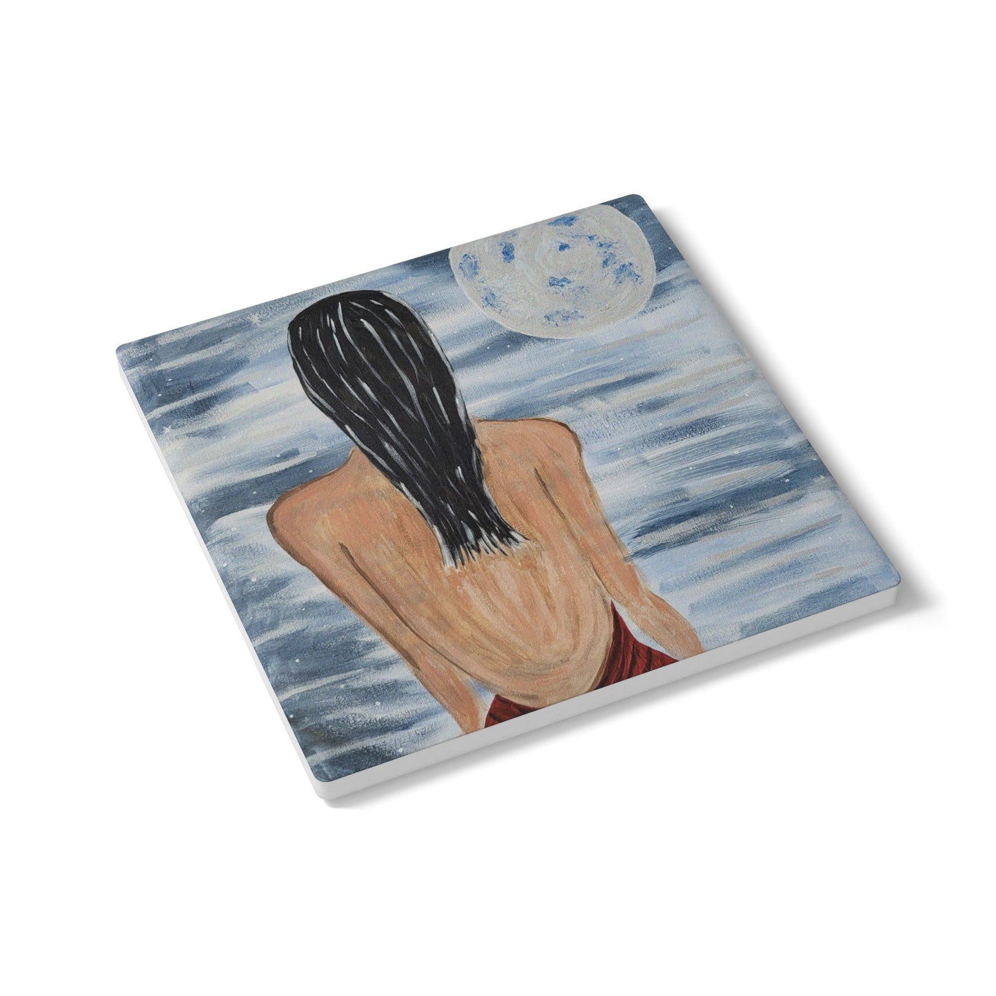 Moonlit Serenity Ceramic Coaster - Artistic Illustration for Relaxing Spaces