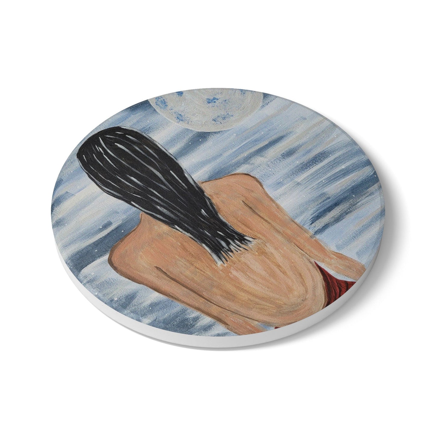 Moonlit Serenity Ceramic Coaster - Artistic Illustration for Relaxing Spaces