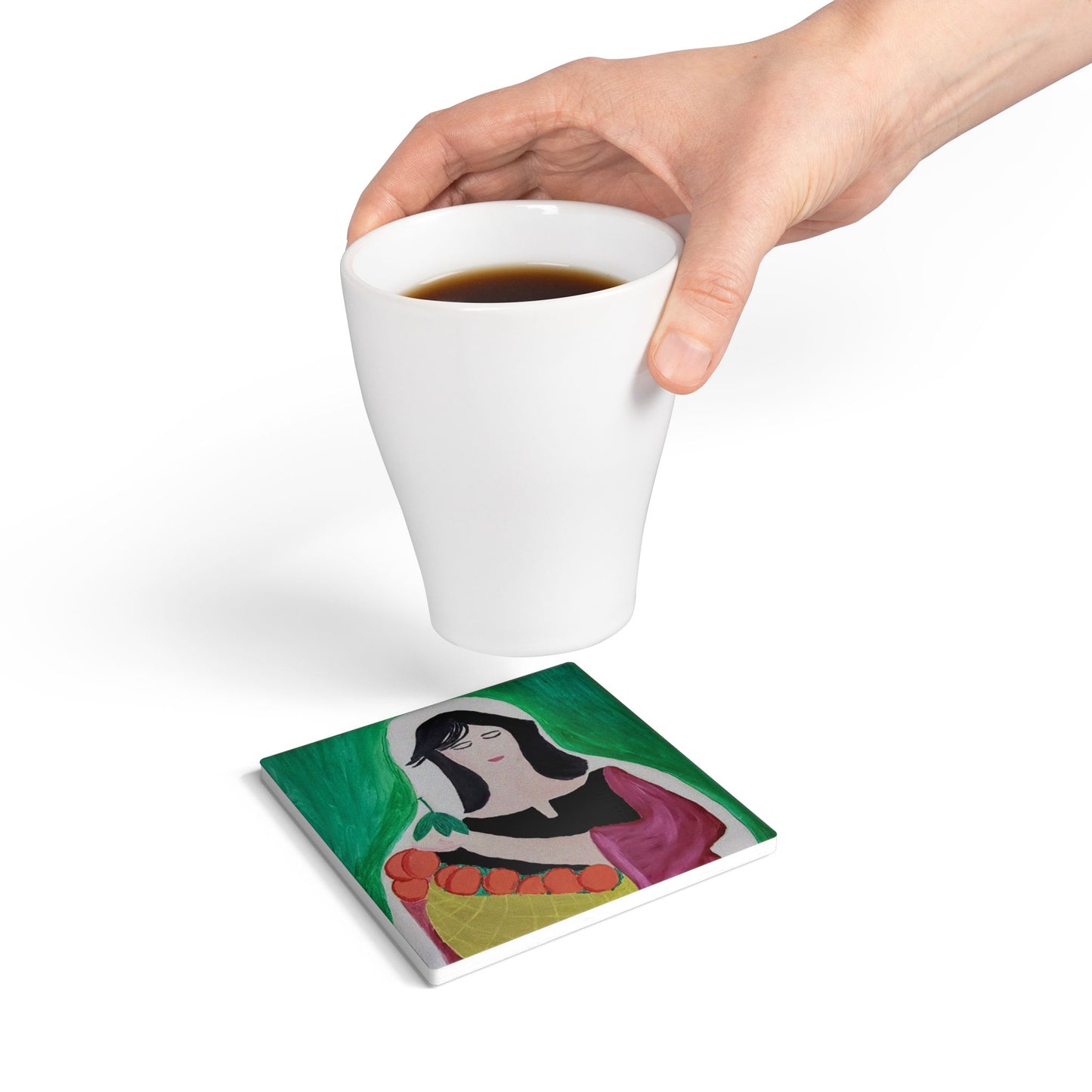 Artistic Ceramic Coaster with Woman and Oranges Design - Perfect for Home Decor and Gifts