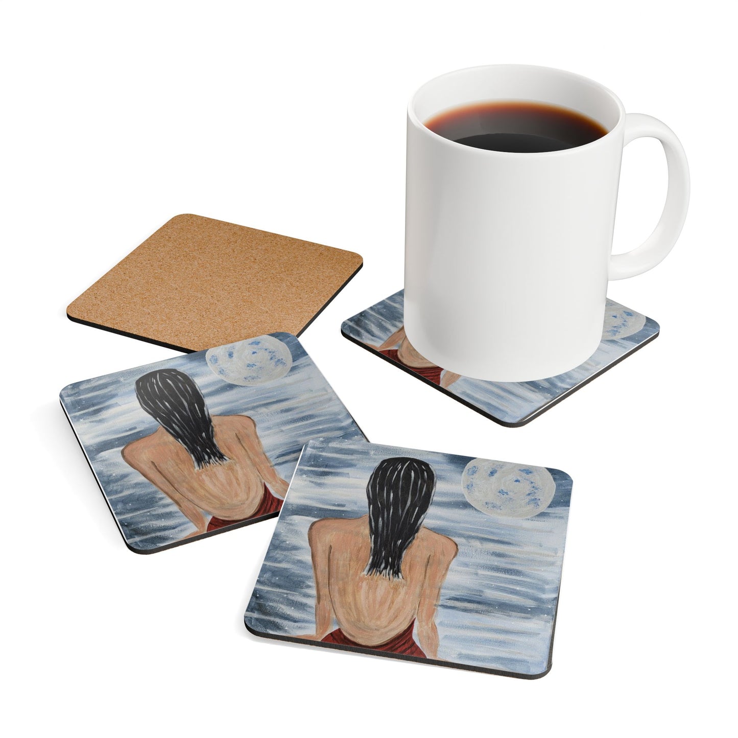 Moonlit Backrest Cork Coaster Set - Artistic Drink Coasters for Home Decor