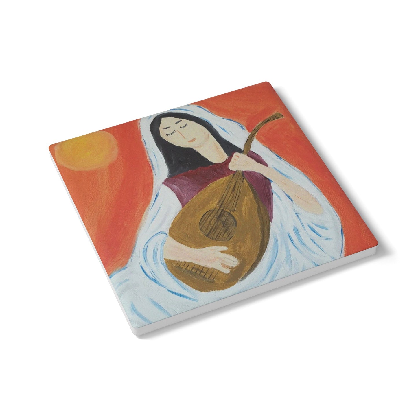 Artistic Ceramic Coaster with Woman Playing Lute - Unique Home Decor