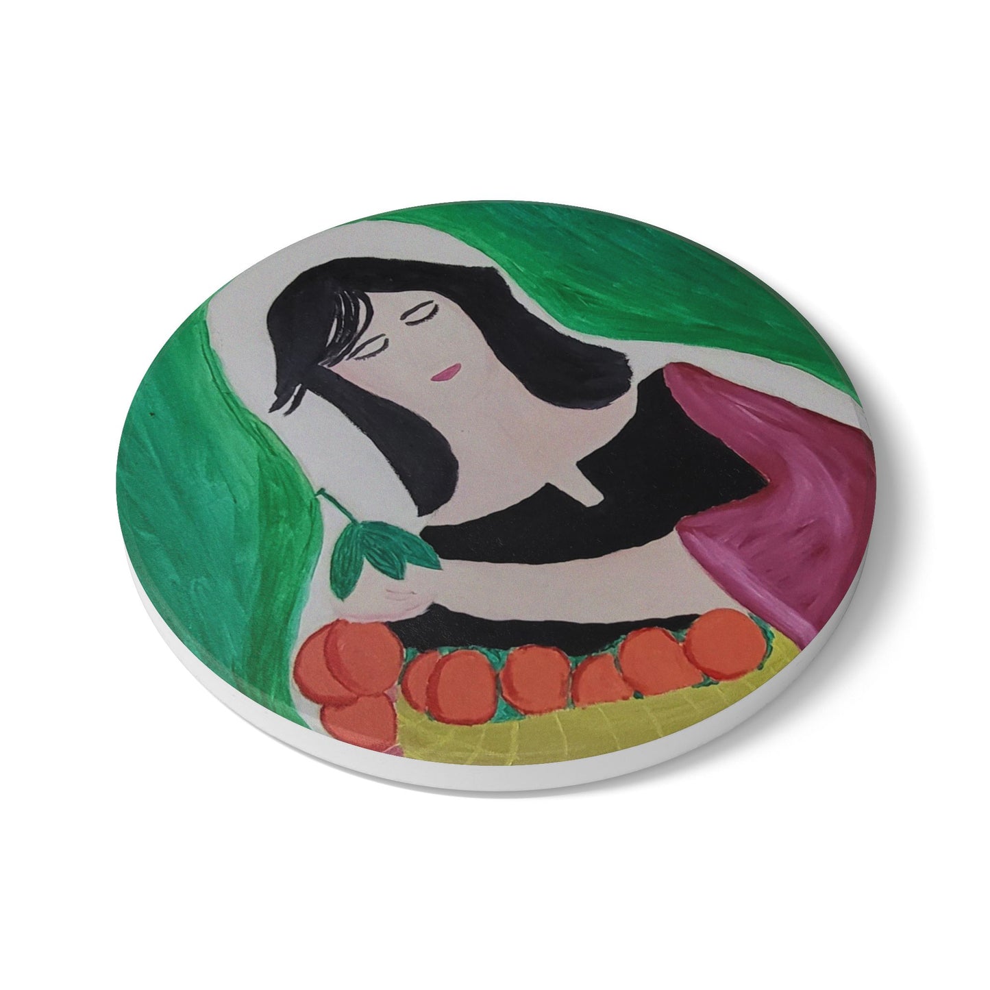 Artistic Ceramic Coaster with Woman and Oranges Design - Perfect for Home Decor and Gifts
