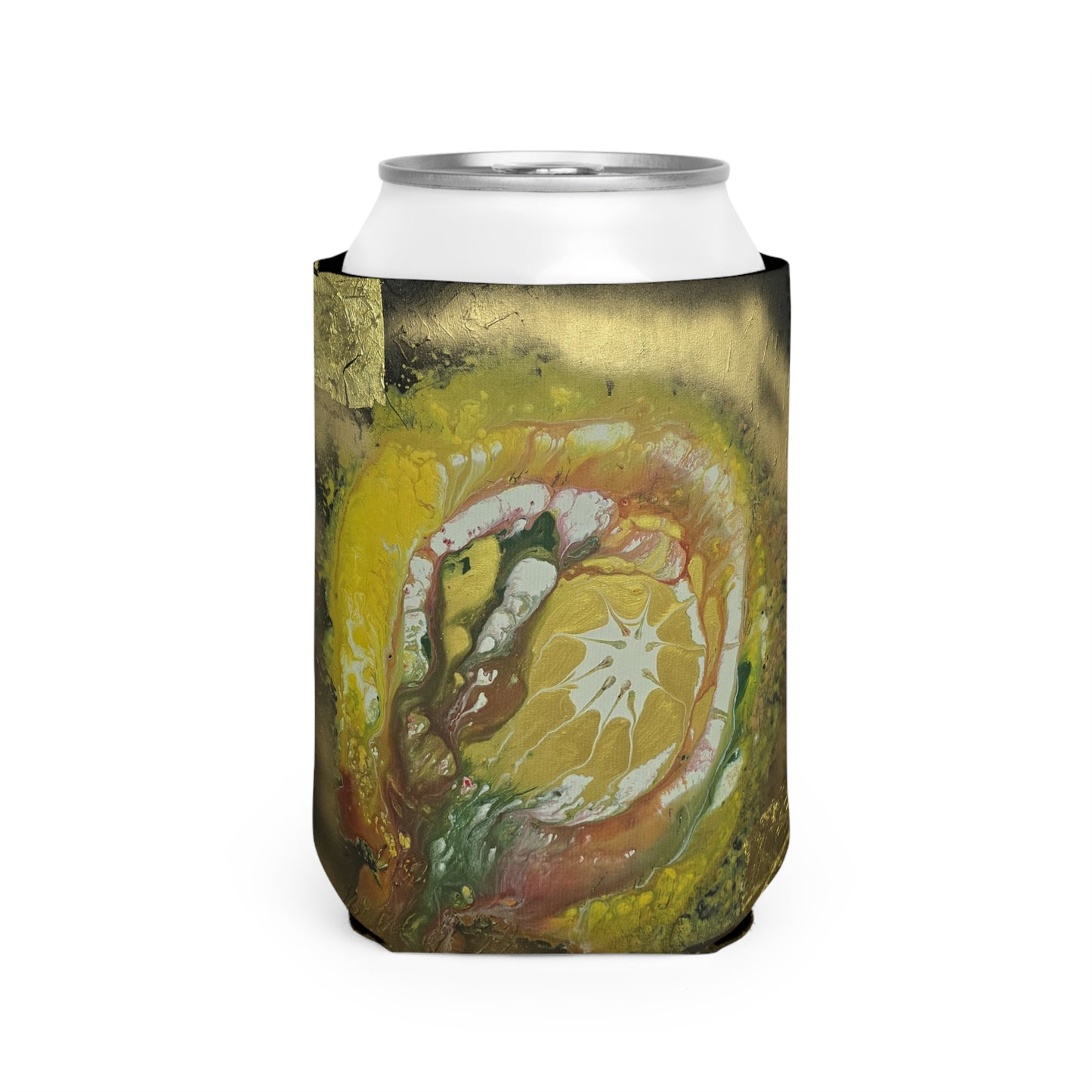 Artistic Can Cooler Sleeve - Vibrant Yellow and Green Design
